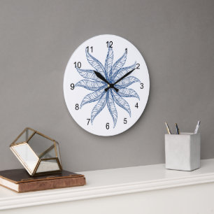 Redondo Grande Reloj - Flor de pluma en azul