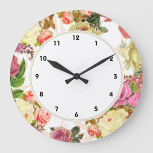 Redondo Grande Reloj floral de los rosas de los rosas rosados del