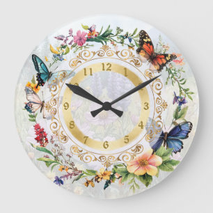 Redondo Grande Reloj floral de mariposa de verano bonito