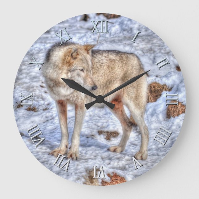 Redondo Grande Reloj fotográfico Lobo Blanco y Nieve (Anverso)