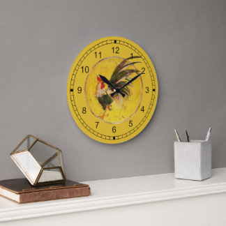 Redondo Grande Reloj - Gallo y fondo amarillo