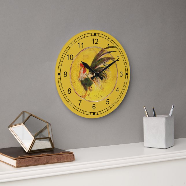 Redondo Grande Reloj - Gallo y fondo amarillo (Oficina)