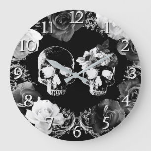 Redondo Grande Reloj Glam Gótico de Rosas Blancas Negras Calavera