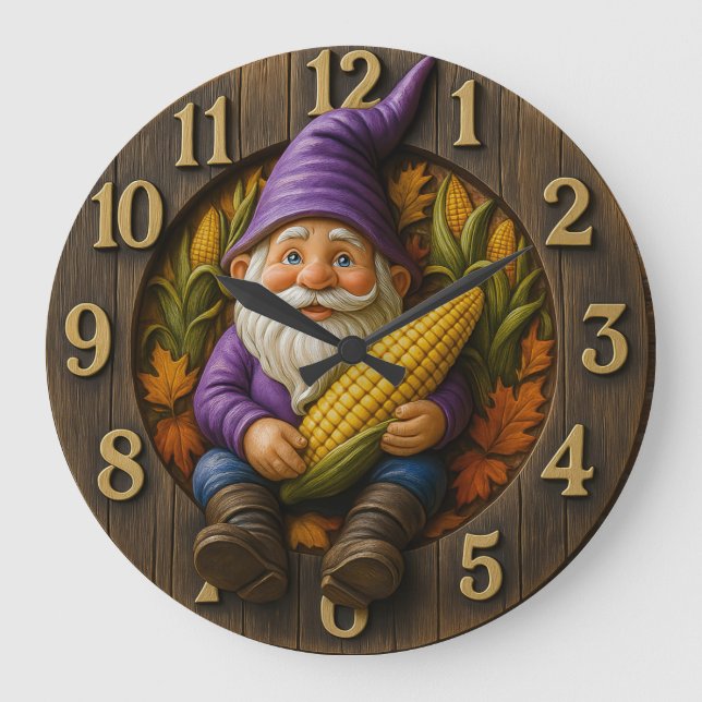 Redondo Grande Reloj Gnomo de Otoño con Maíz y Hojas (Anverso)