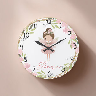 Redondo Grande Reloj infantil personalizado acuarela hada floral