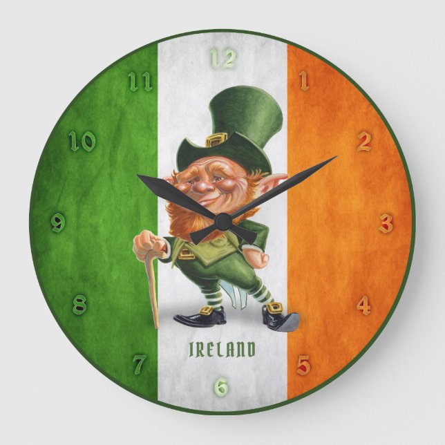 REDONDO GRANDE RELOJ - LEPRECHAUN IRLANDÉS DE LA BANDERA (Anverso)