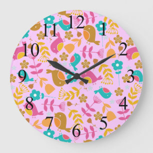 Redondo Grande Reloj Lindo de Pájaros y Flores