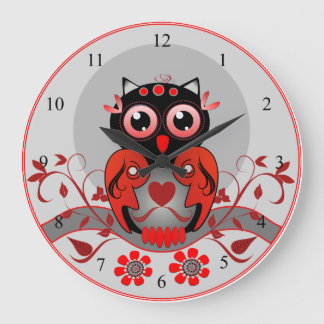 Redondo Grande Reloj lindo del búho del dibujo animado en rojo,