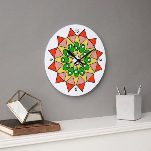 Redondo Grande Reloj - Mandala en Rojo, Rosa, Verde, Amarillo
