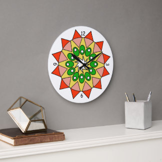 Redondo Grande Reloj - Mandala en Rojo, Rosa, Verde, Amarillo