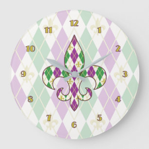 Redondo Grande Reloj Mardi Gras Argyle