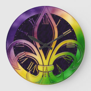 Redondo Grande Reloj Mardi Gras, colorida flor de liis
