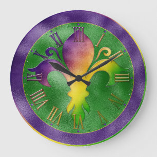 Redondo Grande Reloj Mardi Gras, colorido bloque Fleur de Lis