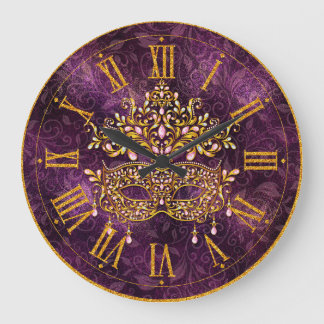 Redondo Grande Reloj Mardi Gras, máscara de oro con joyas