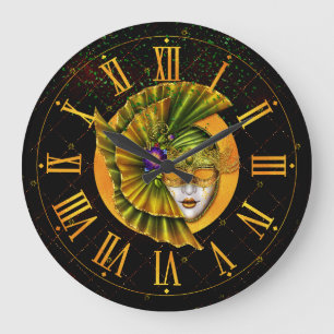 Redondo Grande Reloj Mardi Gras, máscara de oro verde del carnava