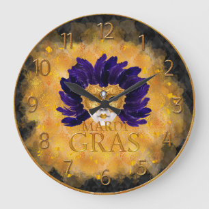 Redondo Grande Reloj Mardi Gras, máscara de plumas azules