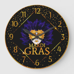 Redondo Grande Reloj Mardi Gras, máscara de plumas azules