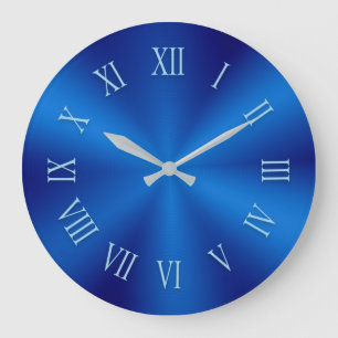 Redondo Grande Reloj metálico azul con números romanos de patr