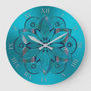 Redondo Grande Reloj metálico de la mandala de la turquesa