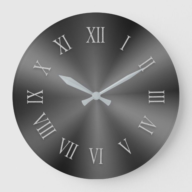 Redondo Grande Reloj metálico gris con números romanos estampados (Anverso)