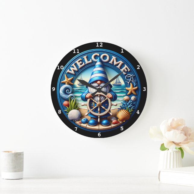 Redondo Grande Reloj Nautical Gnome Welcome Beach (Hogar)