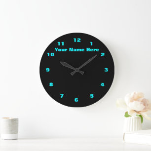 Redondo Grande Reloj negro con números azul acuático y texto pers