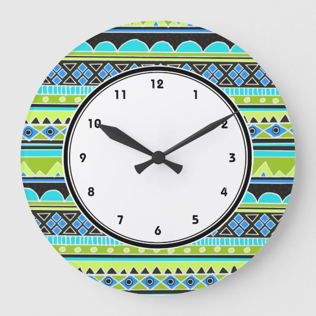 Redondo Grande Reloj numerado de patrón tribal Neon Green y azul (Anverso)