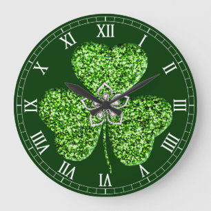 Redondo Grande Reloj numérico romano purpurina Shamrock Y Flores