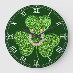 Redondo Grande Reloj numérico Romano Shamrock Y Horseshoe