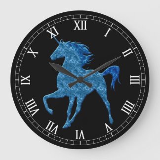 Redondo Grande Reloj numérico romano unicornio de fuego azul
