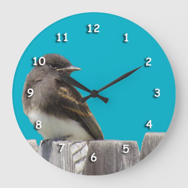 Redondo Grande Reloj - Pájaro blanco y negro sobre la valla (Anverso)