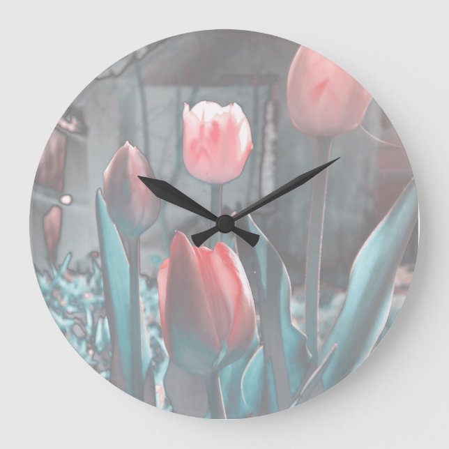 Redondo Grande Reloj Pastel Tulips en la pared (Anverso)