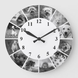 Redondo Grande Reloj personalizable para perros B+W Collage de fo