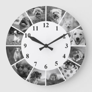 Redondo Grande Reloj personalizable para perros B+W Collage de fo