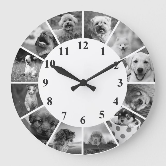 Redondo Grande Reloj personalizable para perros B+W Collage de fo (Anverso)