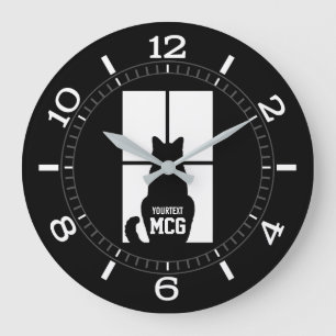 Redondo Grande Reloj personalizado con gato negro en ventana
