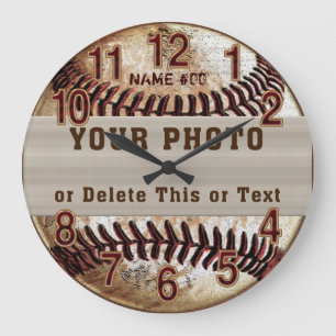 Redondo Grande Reloj personalizado de béisbol, tu foto y TEXTO