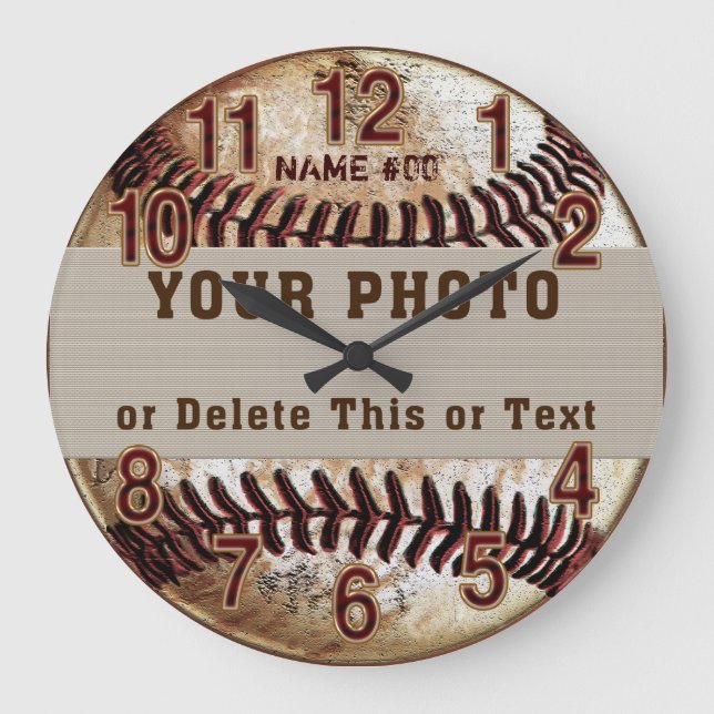 Redondo Grande Reloj personalizado de béisbol, tu foto y TEXTO (Anverso)