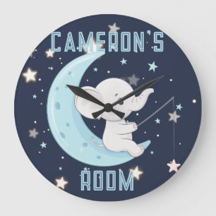 Redondo Grande Reloj Personalizado de Elefante Bebé Pescando 4 Es