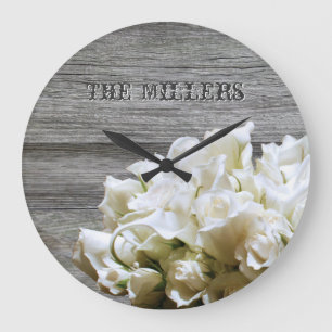 Redondo Grande Reloj personalizado de flores blancas rusticas