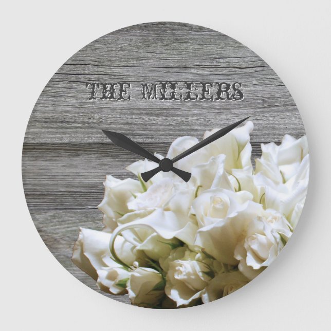 Redondo Grande Reloj personalizado de flores blancas rusticas (Anverso)