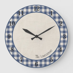 Redondo Grande Reloj personalizado granja Patriota Azul Gingham c