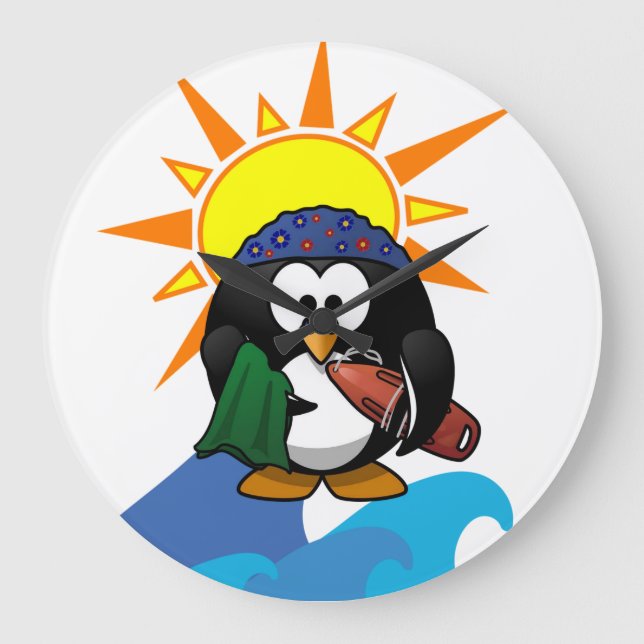 Redondo Grande Reloj pingüino surfista (Anverso)