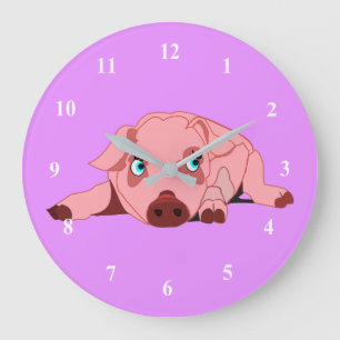 Redondo Grande Reloj púrpura de cerdo rosa - Personalizable