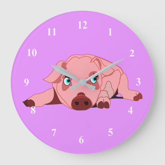 Redondo Grande Reloj púrpura de cerdo rosa - Personalizable (Anverso)