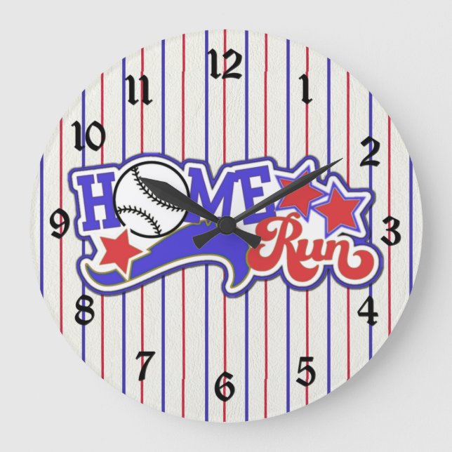 Redondo Grande Reloj rayado de béisbol rojo blanco y azul casero  (Anverso)