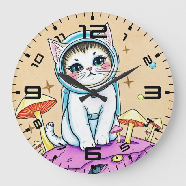 Redondo Grande Reloj retro de sueños de gato cósmico (Anverso)