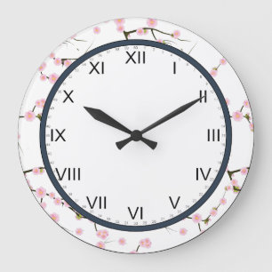 Redondo Grande reloj rosa y blanco con flores de cerezo