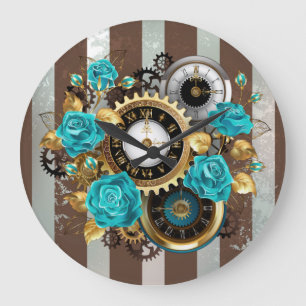 Redondo Grande Reloj Steampunk y Rosas turquesas a rayas
