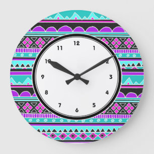 Redondo Grande Reloj tribal azul y púrpura del modelo con númer